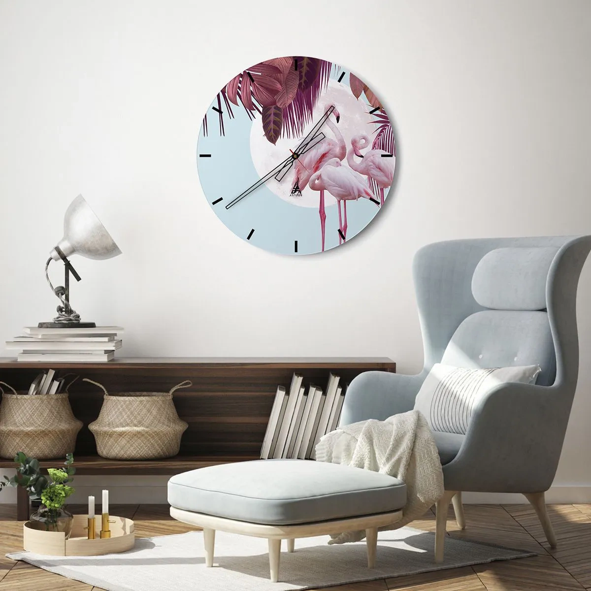 Nástěnné hodiny - Plameňáci na pozadí měsíce a tropických listů - 30x30cm - Tři ptačí grácie - Moderní nástěnná dekorace do obývacího pokoje, kuchyně a ložnice ARTTOR