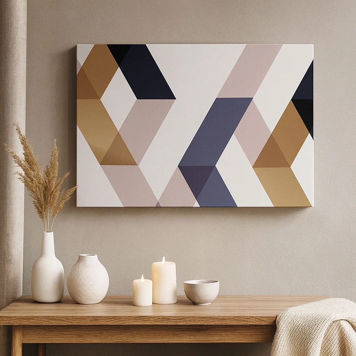 Obraz na plátně - Geometrické vzory v odstínech zlaté a tmavě modré - 70x50cm - Roviny a úhly - Moderní nástěnná dekorace do obývacího pokoje a ložnice ARTTOR