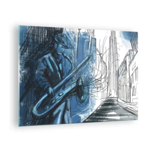 Obraz na skle - Jazzový saxofonista v modrém městském prostředí - 70x50cm - Městská rapsodie - Moderní nástěnná dekorace do obývacího pokoje a ložnice ARTTOR