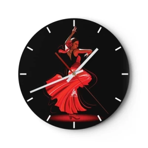 Nástěnné hodiny - Flamenco tanečnice v červených šatech na černém pozadí - 30x30cm - Žhavá duše flamenco - Moderní nástěnná dekorace do obývacího pokoje, kuchyně a ložnice ARTTOR