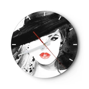 Nástěnné hodiny - Stylová žena v klobouku s červenými rty - 30x30cm - Dáma v černém - Moderní nástěnná dekorace do obývacího pokoje, kuchyně a ložnice ARTTOR