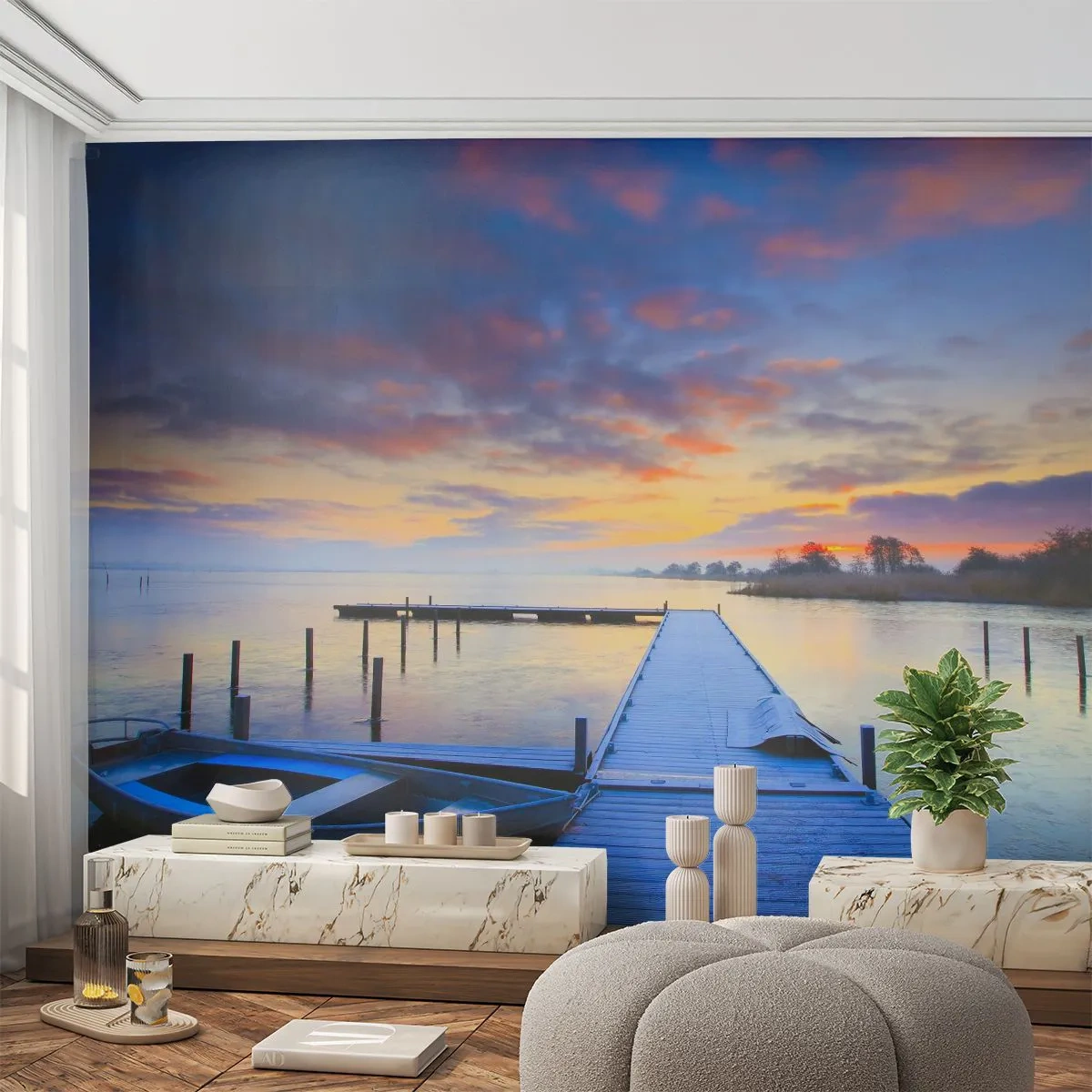 Fototapeta Premium Sand - Fialovo-zlatý klid - Krajina, jezero, Loď - 300x210 cm