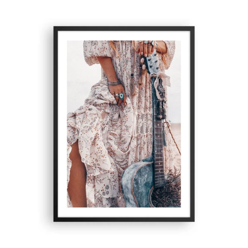 Plakát v černém rámu - Fragment šatů s ornamenty a kytara v boho stylu - 50x70cm - Květinové děti na cestě - Moderní nástěnná dekorace do obývacího pokoje a ložnice ARTTOR