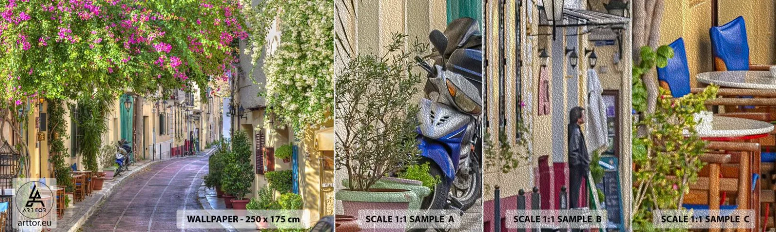 Vzor Fototapety Premium Sand - Kvetoucí zákoutí - Architektura, Řecko, Město - 100x30 cm