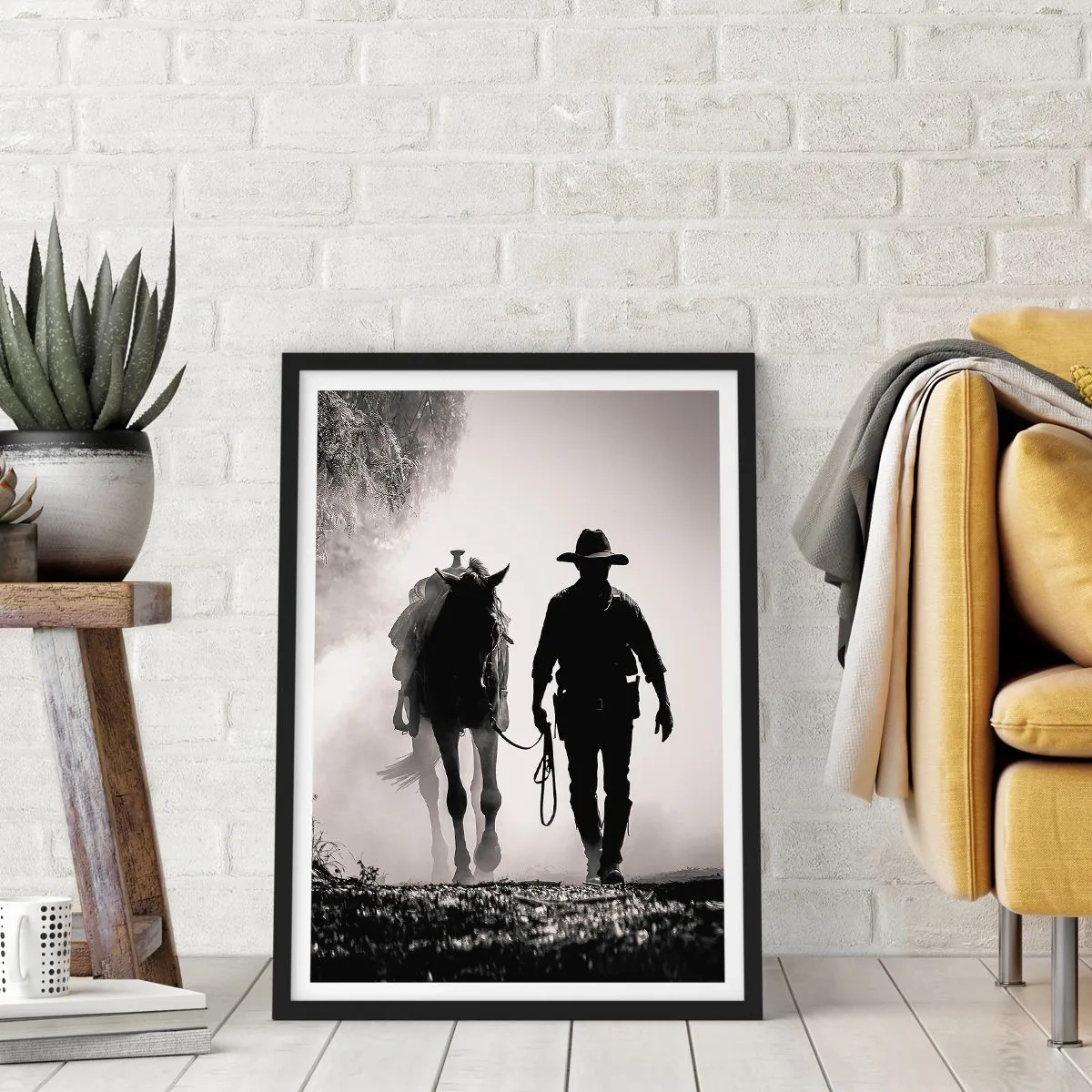 Plakát v černém rámu - Silueta kovboje s koněm v ranní mlze - 50x70cm - Texaské ráno - Moderní nástěnná dekorace do obývacího pokoje a ložnice ARTTOR