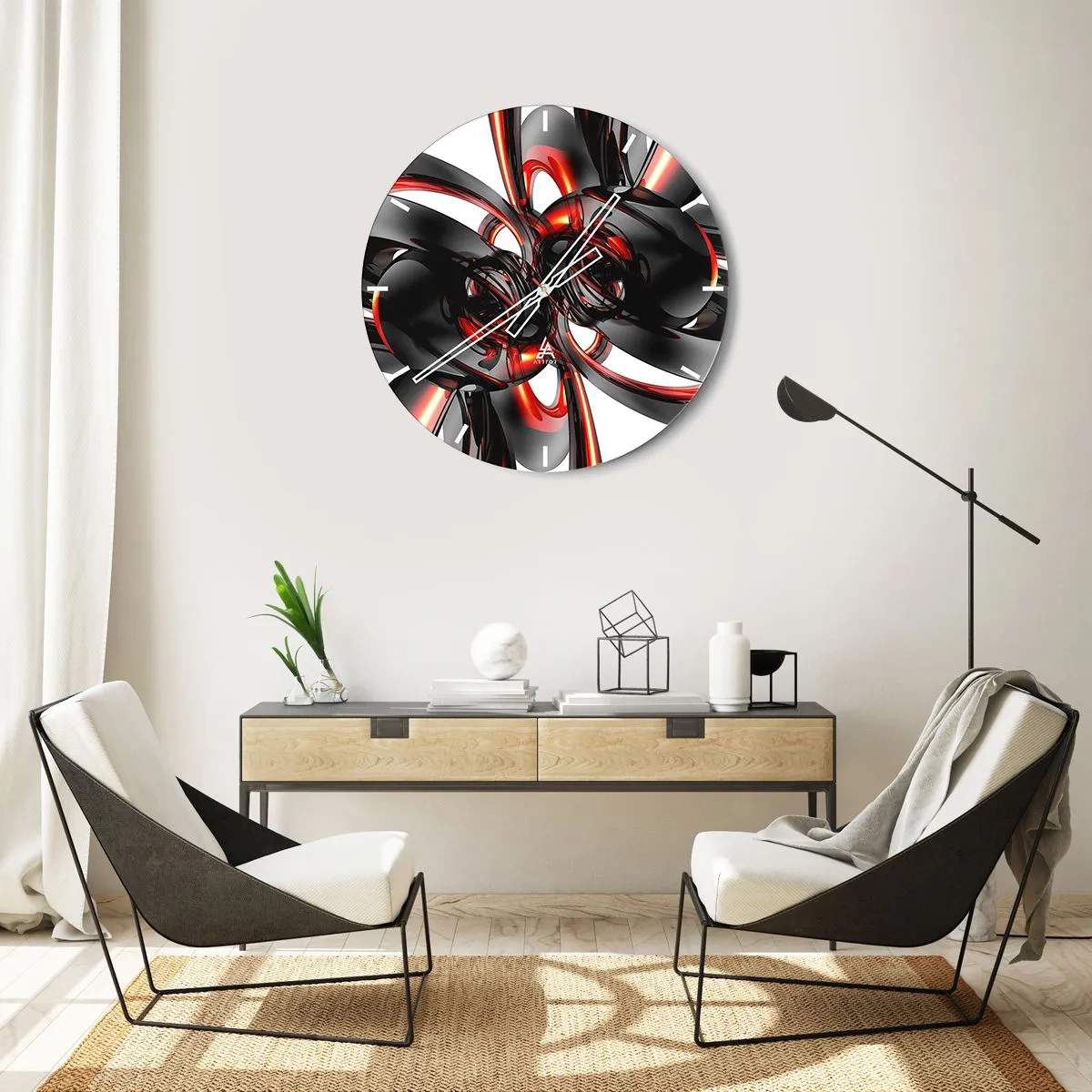 Nástěnné hodiny - Abstraktní vzor s červenými a černými tvary - 30x30cm - Pohyb v grafitové a červené - Moderní nástěnná dekorace do obývacího pokoje, kuchyně a ložnice ARTTOR