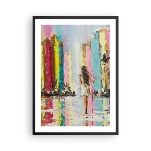 Plakát v černém rámu - Žena mezi barevnými budovami v impresionistickém stylu - 50x70cm - Pojď se mnou - Moderní nástěnná dekorace do obývacího pokoje a ložnice ARTTOR