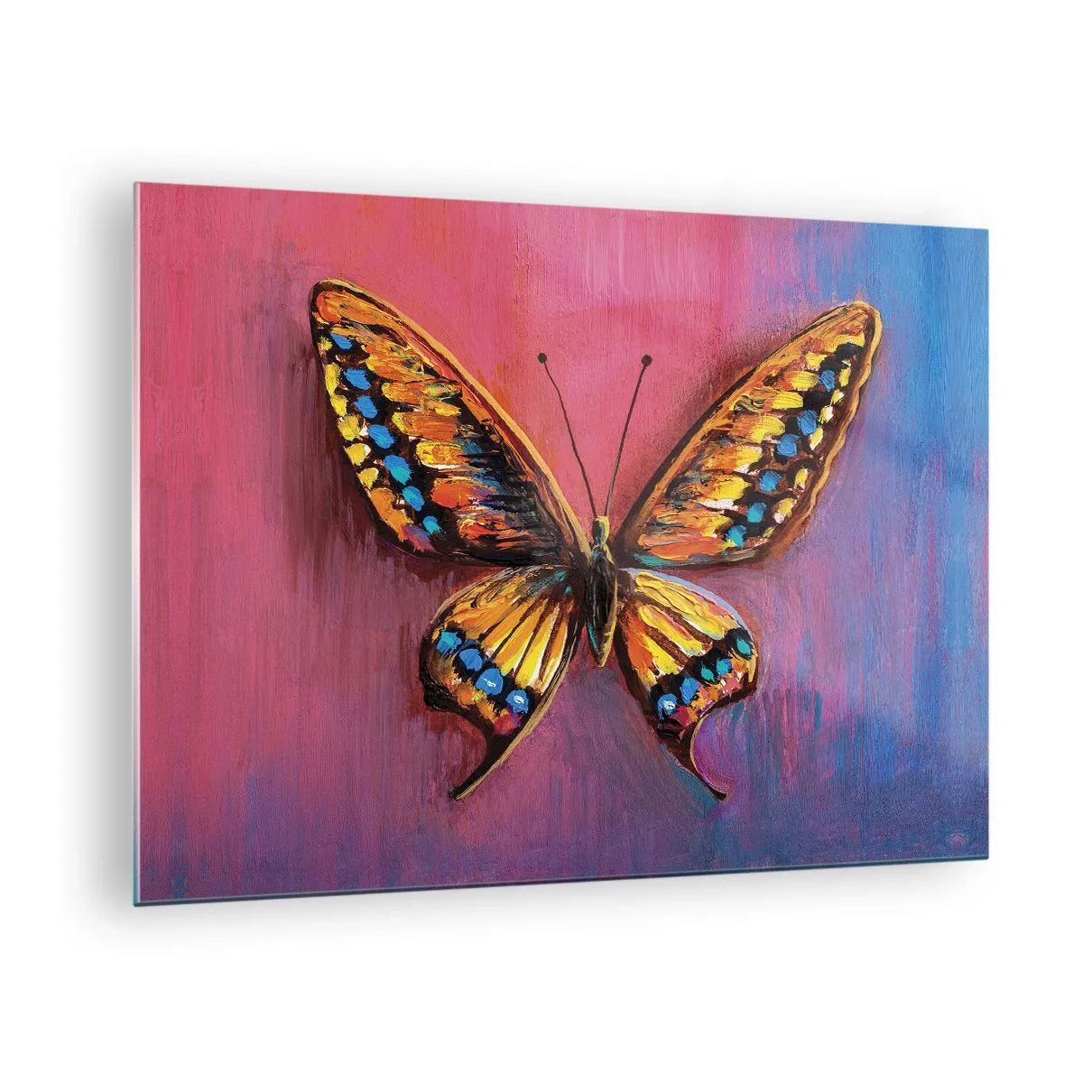 Obraz na skle - Barevný motýl na pozadí v odstínech růžové a fialové - 70x50cm - Klenot přírody - Moderní nástěnná dekorace do obývacího pokoje a ložnice ARTTOR