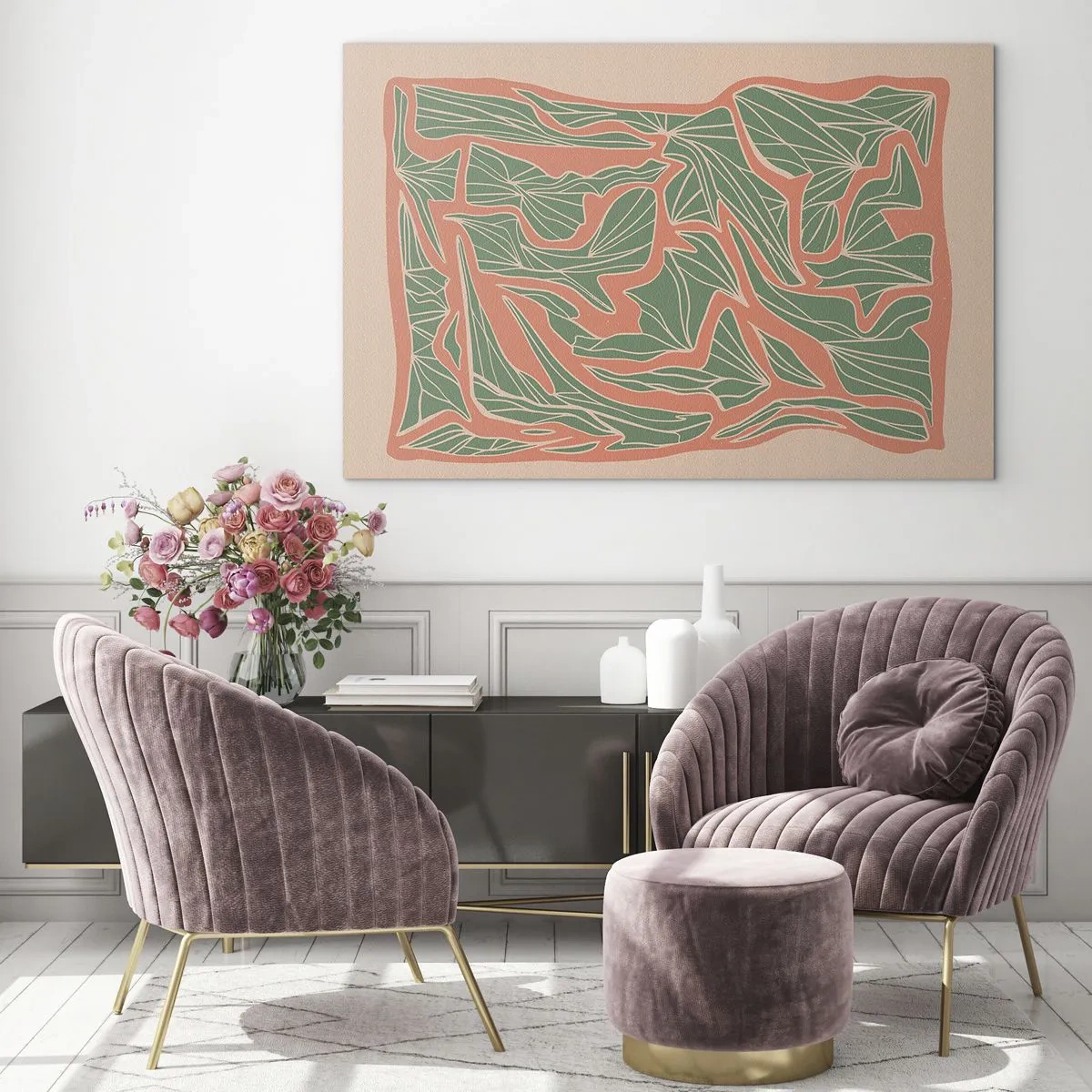 Obraz na skle - Zelené listové formy obklopené korálovým rámem na béžovém pozadí - 70x50cm - Souboj korálů a zeleně - Moderní nástěnná dekorace do obývacího pokoje a ložnice ARTTOR