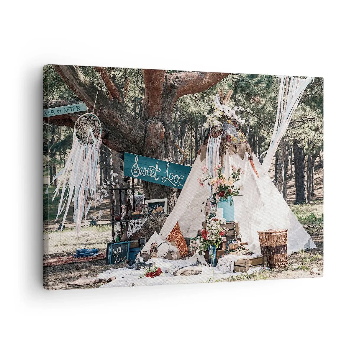 Obraz na plátně - Boho dekorace s teepee v lese - 70x50cm - Make love… - Moderní nástěnná dekorace do obývacího pokoje a ložnice ARTTOR