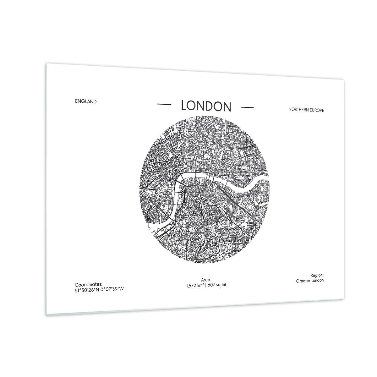 Obraz na skle - Podrobná mapa Londýna v grafickém černobílém stylu. - 70x50cm - Anatomie Londýna - Moderní nástěnná dekorace do obývacího pokoje a ložnice ARTTOR