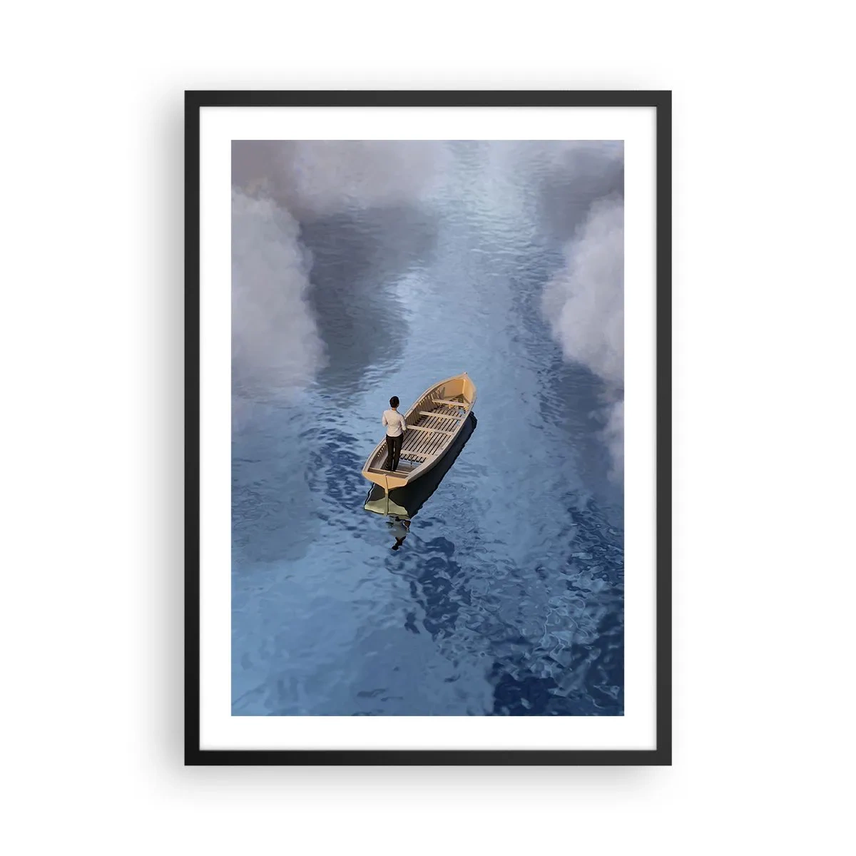 Plakát v černém rámu - Osoba v lodi plující na vodě odrážející oblohu a mraky. - 50x70cm - Život – cesta – nejistota - Moderní nástěnná dekorace do obývacího pokoje a ložnice ARTTOR