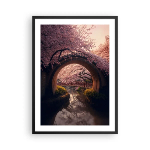 Plakát v černém rámu - Romantický most mezi květy třešní - 50x70cm - Japonské jaro - Moderní nástěnná dekorace do obývacího pokoje a ložnice ARTTOR