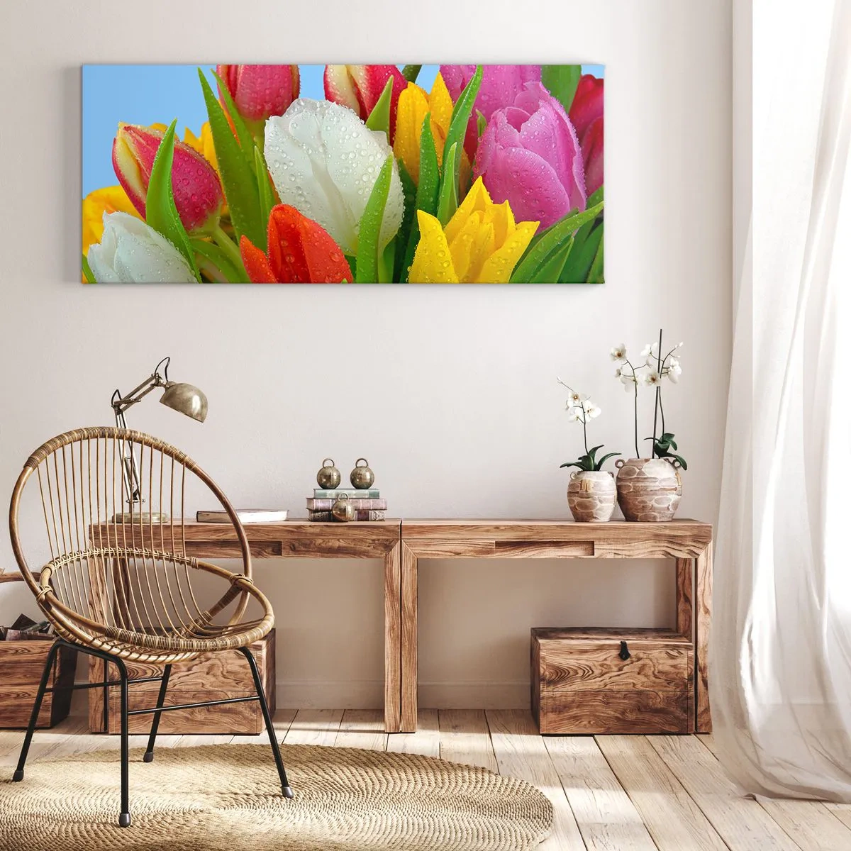 Obraz na plátně - Květinová duha v kapkách rosy - 90x30 cm