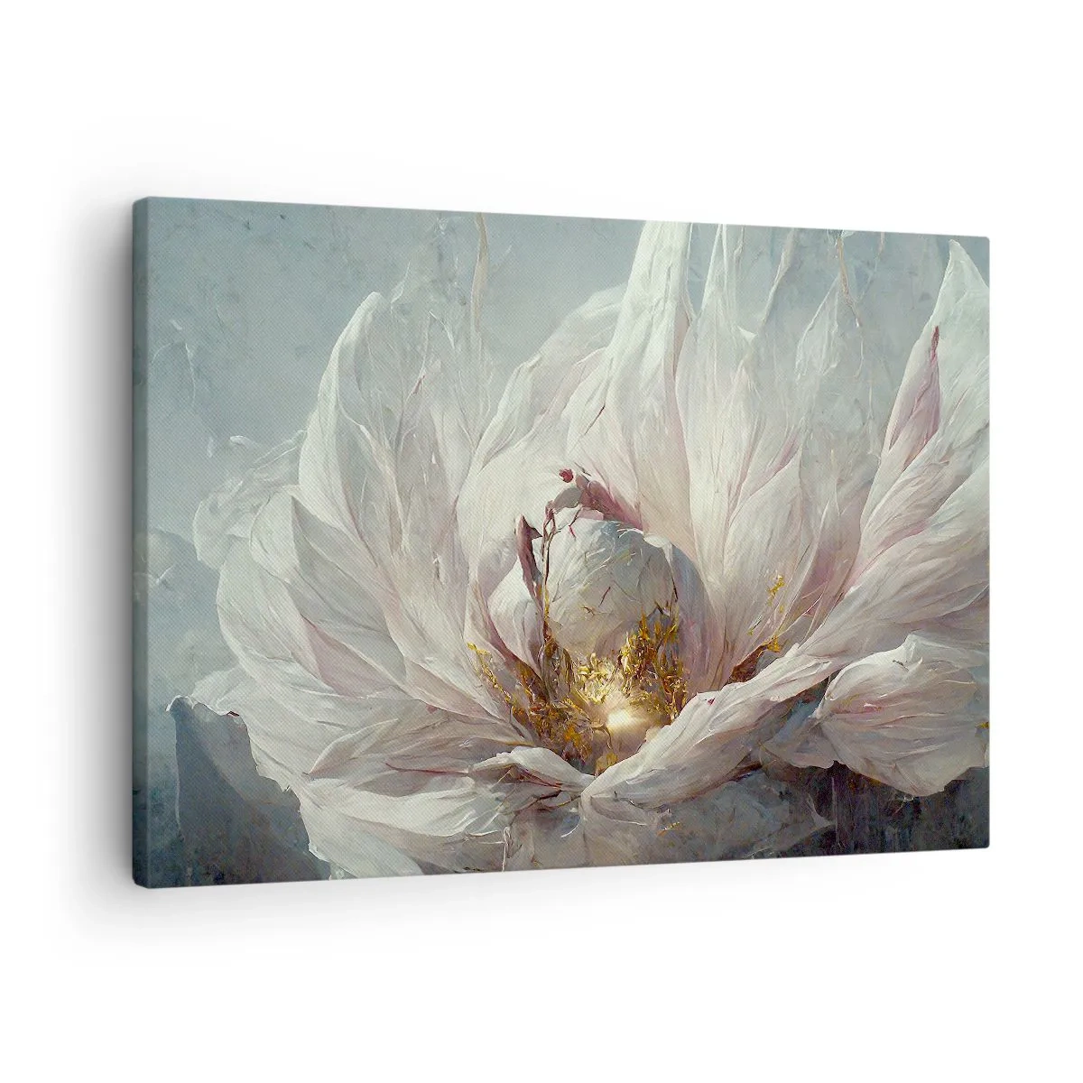 Obraz na plátně - Jemný bílý květ s jemnými zlatými akcenty - 70x50cm - Rozkvétá jednou za sto let - Moderní nástěnná dekorace do obývacího pokoje a ložnice ARTTOR