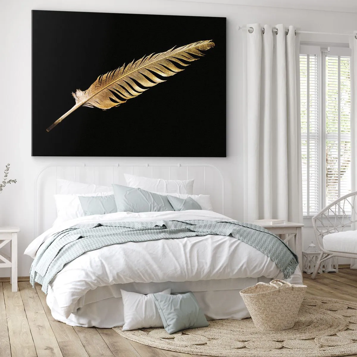 Obraz na plátně - Zlaté pírko na černém pozadí - 70x50cm - Krásne peříčko… - Moderní nástěnná dekorace do obývacího pokoje a ložnice ARTTOR