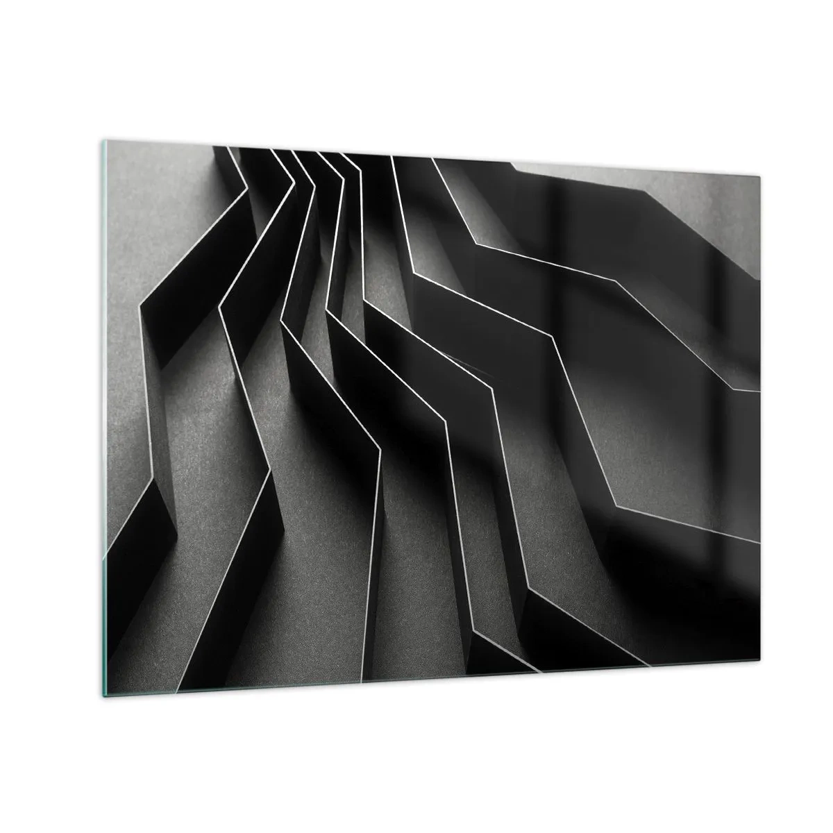 Obraz na skle - Černé geometrické tvary s hloubkou a šerosvitem - 70x50cm - Prostorový pořádek - Moderní nástěnná dekorace do obývacího pokoje a ložnice ARTTOR