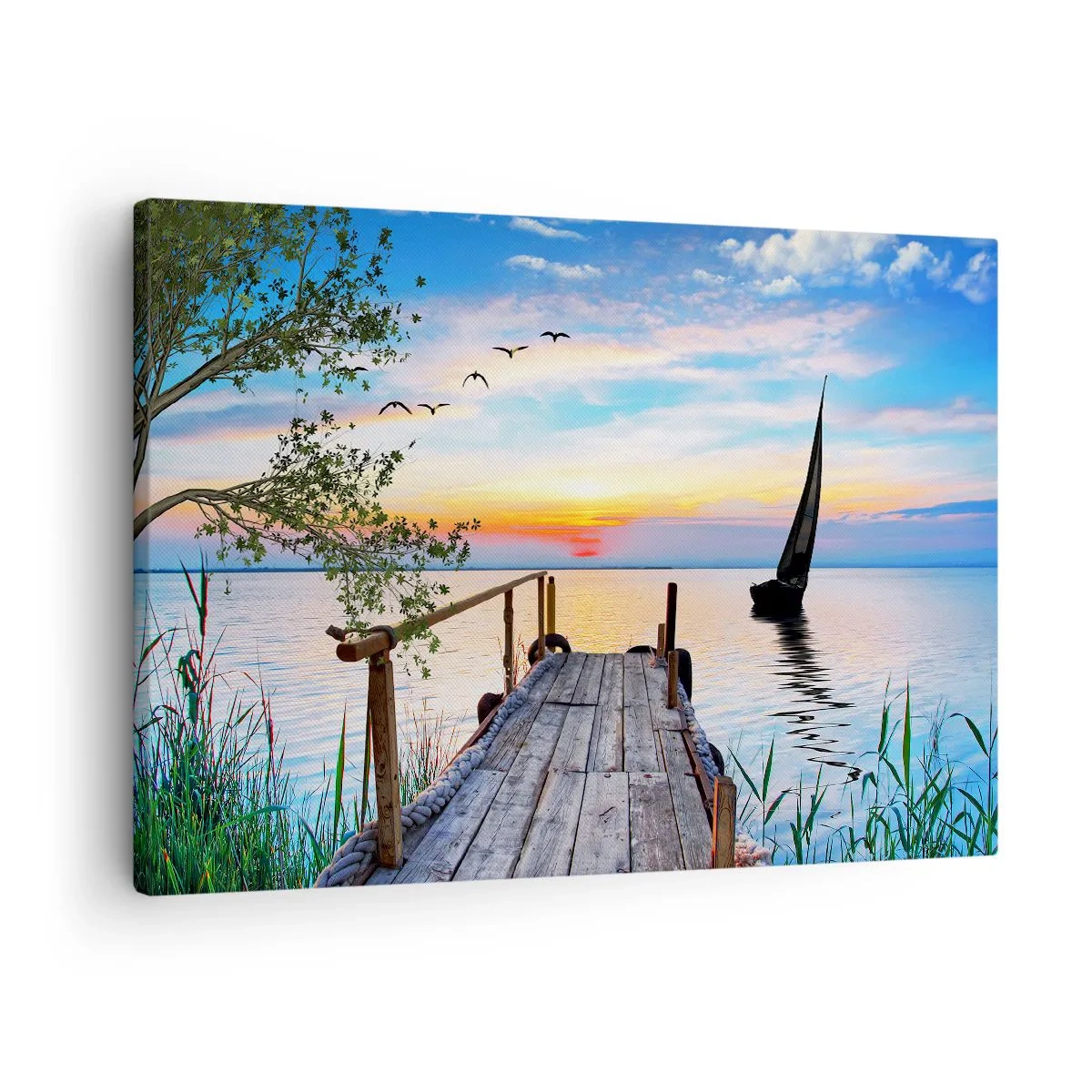 Obraz na plátně - Jezerní molo s lodí a západ slunce - 70x50cm - Dobrý večer - Moderní nástěnná dekorace do obývacího pokoje a ložnice ARTTOR