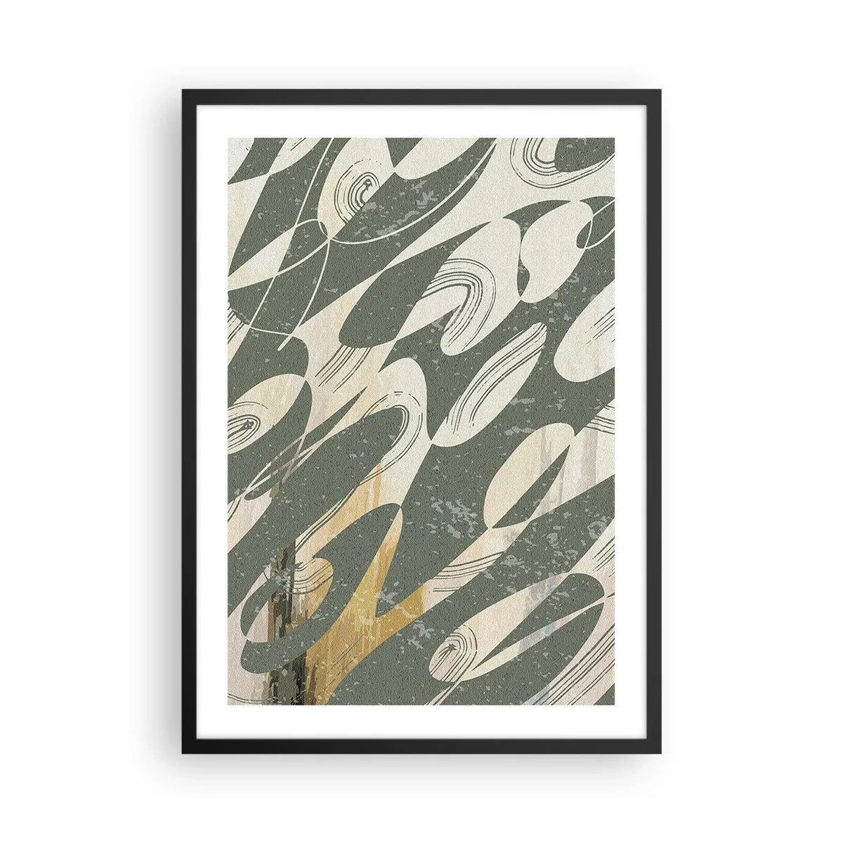 Plakát v černém rámu - Abstraktní kompozice organických tvarů v zelené a béžové barvě. - 50x70cm - Rytmizovaná abstrakce - Moderní nástěnná dekorace do obývacího pokoje a ložnice ARTTOR