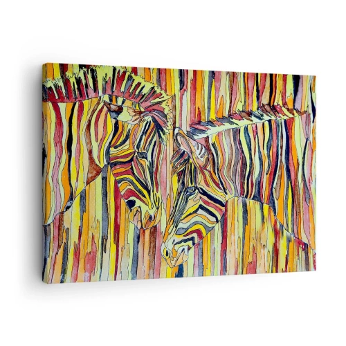 Obraz na plátně - Barevné zebry na pozadí abstraktních pruhů - 70x50cm - Takže ty taky… - Moderní nástěnná dekorace do obývacího pokoje a ložnice ARTTOR