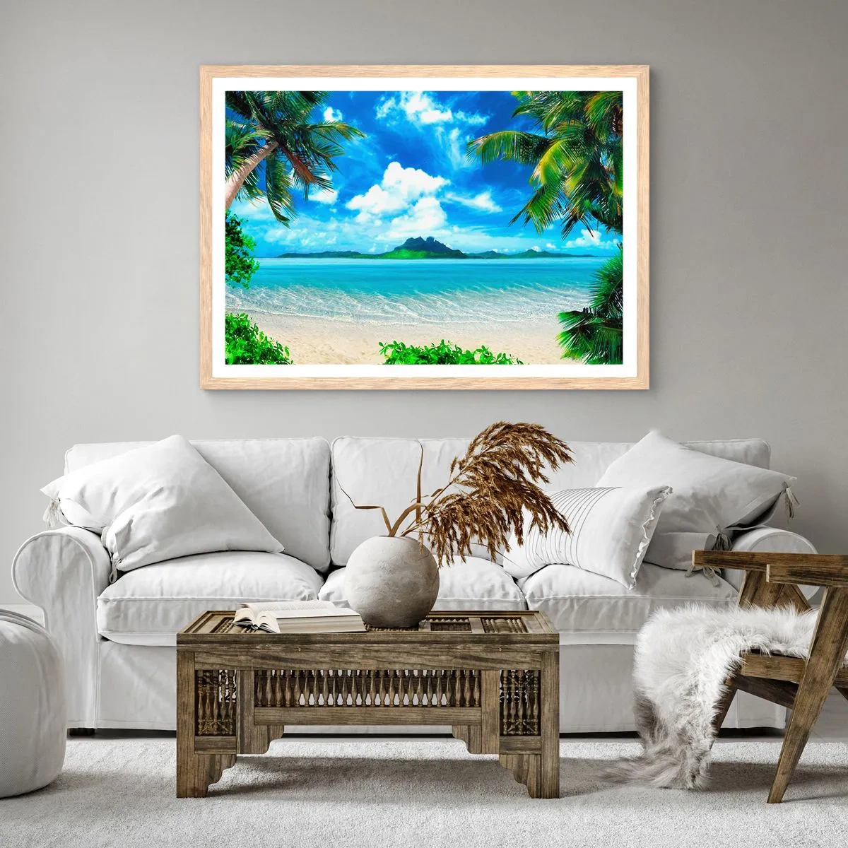 Plakát v rámu světlý dub - Modř tropů - 91x61 cm