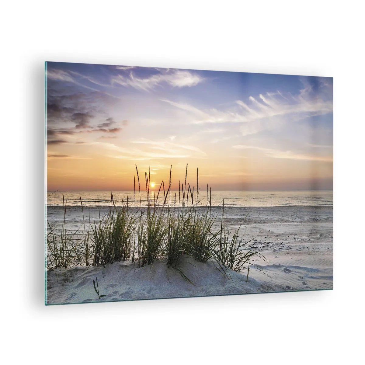 Obraz na skle - Západ slunce nad travnatou pláží - 70x50cm - Podívej se, představ si a pociť - Moderní nástěnná dekorace do obývacího pokoje a ložnice ARTTOR
