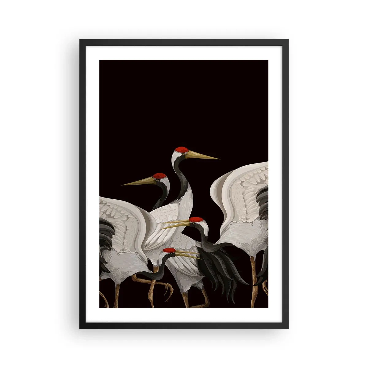 Plakát v černém rámu - Elegantní jeřábi na tmavém pozadí v orientálním stylu - 50x70cm - Ptačí záležitosti - Moderní nástěnná dekorace do obývacího pokoje a ložnice ARTTOR