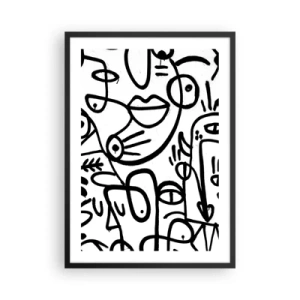Plakát v černém rámu - Abstraktní černé čáry na bílém pozadí - 50x70cm - Tváře a přeludy - Moderní nástěnná dekorace do obývacího pokoje a ložnice ARTTOR