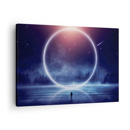 Obraz na plátně - Kouzelná krajina s postavou a kruhem světla v noci - 70x50cm - Už jsou tady… - Moderní nástěnná dekorace do obývacího pokoje a ložnice ARTTOR