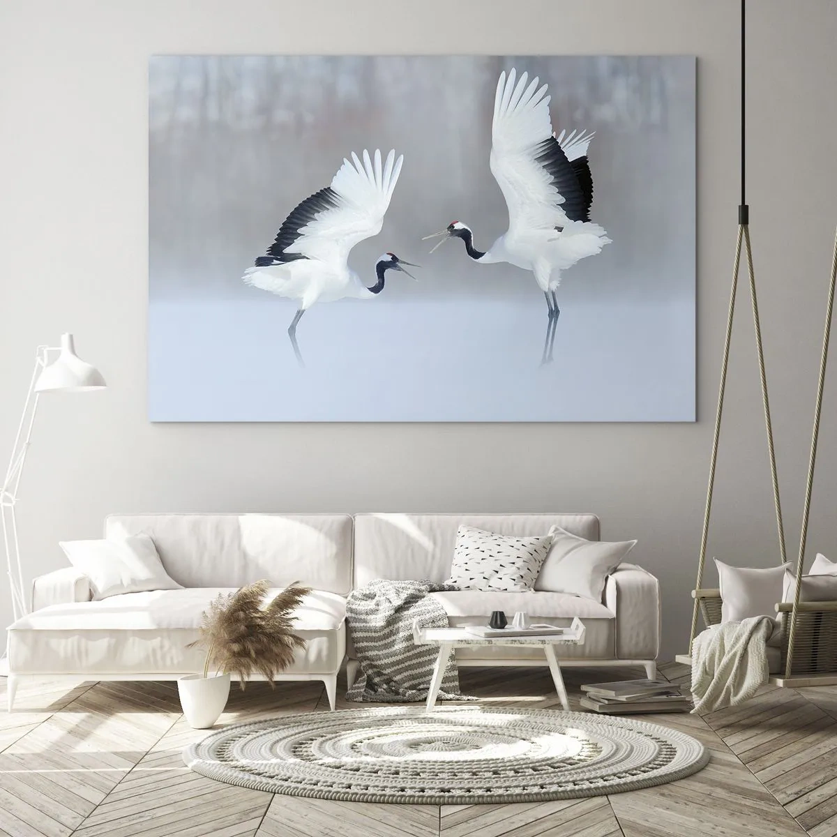 Obraz na skle - Tančící jeřábi na pozadí zimní krajiny - 70x50cm - Tanec v mlze - Moderní nástěnná dekorace do obývacího pokoje a ložnice ARTTOR