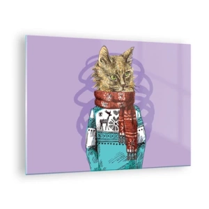 Obraz na skle - Kočka ve svetru a šálu na fialovém pozadí - 70x50cm - Kočka nejenom v botách - Moderní nástěnná dekorace do obývacího pokoje a ložnice ARTTOR