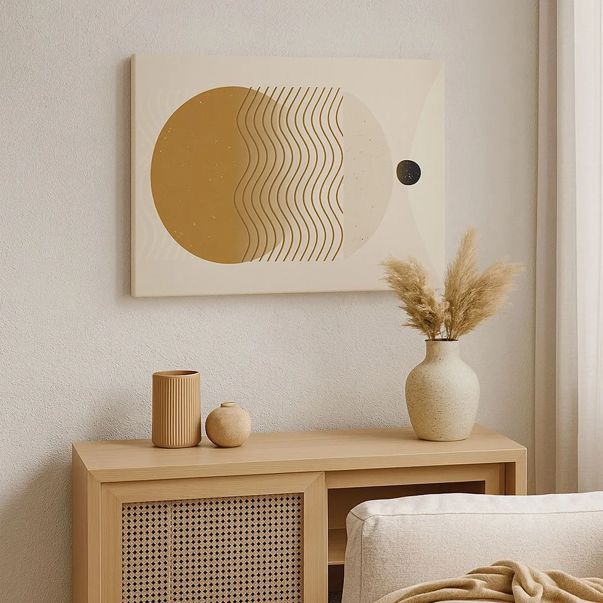 Obraz na plátně - Geometrická abstrakce s kruhy a vlnovkami v teplých barvách. - 70x50cm - O původu geometrických obrazců - Moderní nástěnná dekorace do obývacího pokoje a ložnice ARTTOR