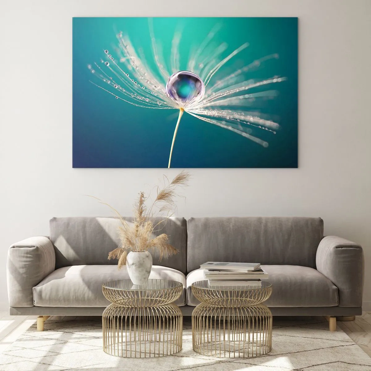 Obraz na skle - Makrofotografie semínka pampelišky s kapkou rosy na tyrkysovém pozadí - 70x50cm - Mystický okamžik - Moderní nástěnná dekorace do obývacího pokoje a ložnice ARTTOR