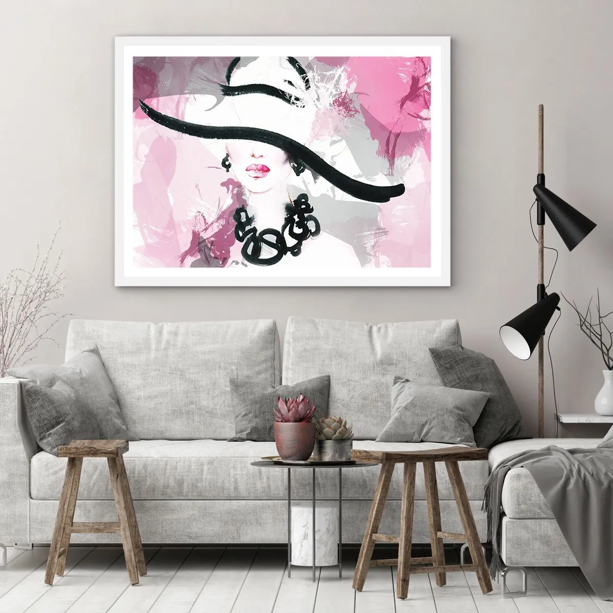 Plakát v bílém rámu - Portrét dámy v černé a růžové - 91x61 cm