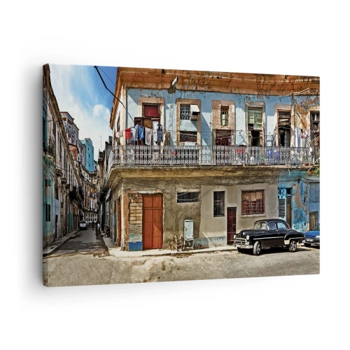 Obraz na plátně - Barevné činžovní domy a klasické auto v městské krajině - 70x50cm - Havajský nádech - Moderní nástěnná dekorace do obývacího pokoje a ložnice ARTTOR