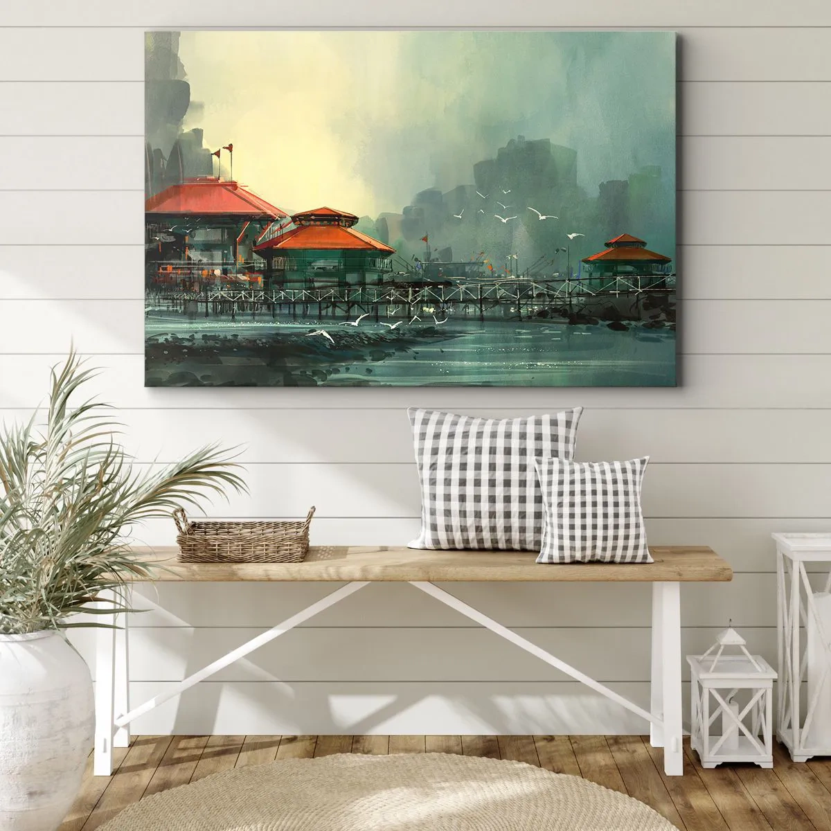 Obraz na plátně - Přístavní budovy v deštivé krajině s racky - 70x50cm - Slunečný den v přístavu - Moderní nástěnná dekorace do obývacího pokoje a ložnice ARTTOR