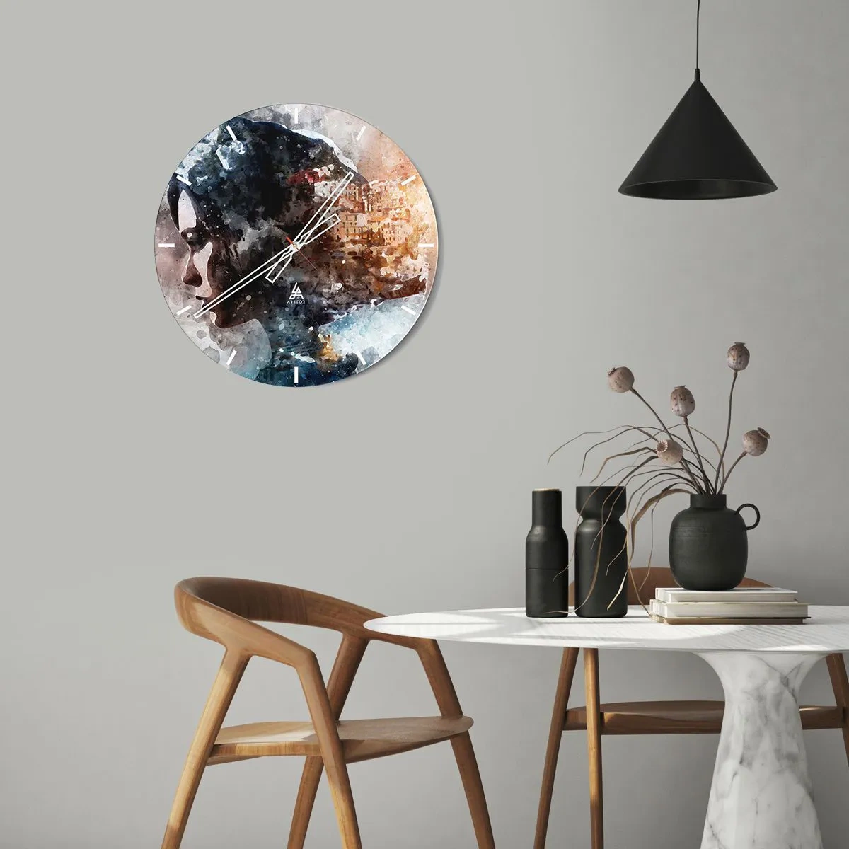 Nástěnné hodiny - Abstraktní portrét s efektem akvarelu - 30x30cm - Příběh o dívce s městem v pozadí - Moderní nástěnná dekorace do obývacího pokoje, kuchyně a ložnice ARTTOR