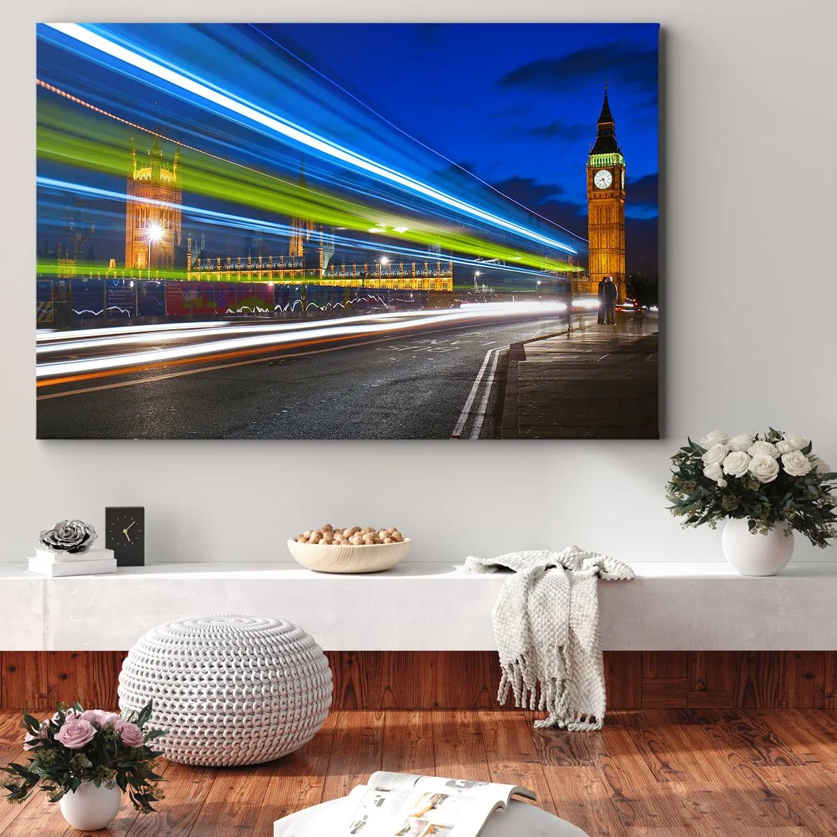 Obraz na plátně - Big Ben v noci s efektem světel v pouličním provozu - 70x50cm - Pod dohledem Big Bena - Moderní nástěnná dekorace do obývacího pokoje a ložnice ARTTOR