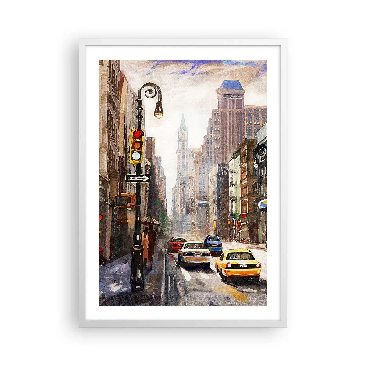 Plakát v bílém rámu - New York – barevný i v dešti - 50x70 cm