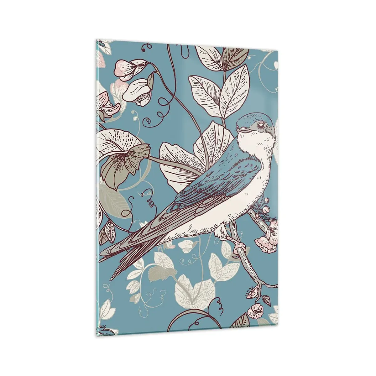 Obraz na skle - Na bílém stromě ptáci a stříbrné listí - 80x120 cm