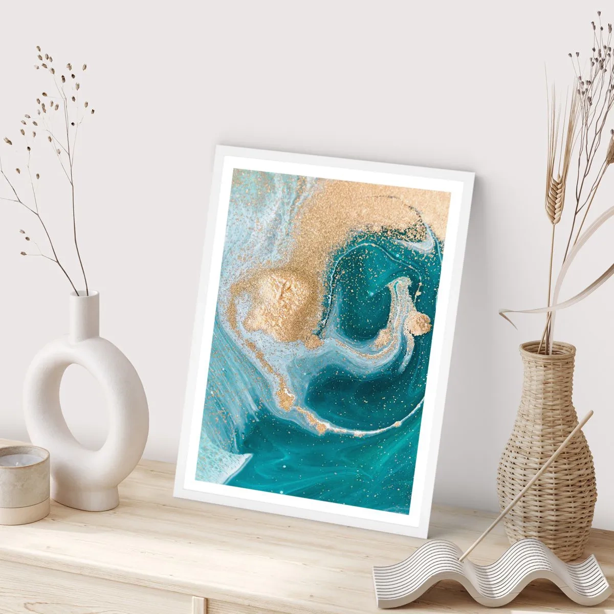 Plakát v bílém rámu - Vír zlaté a tyrkysové - 70x100 cm