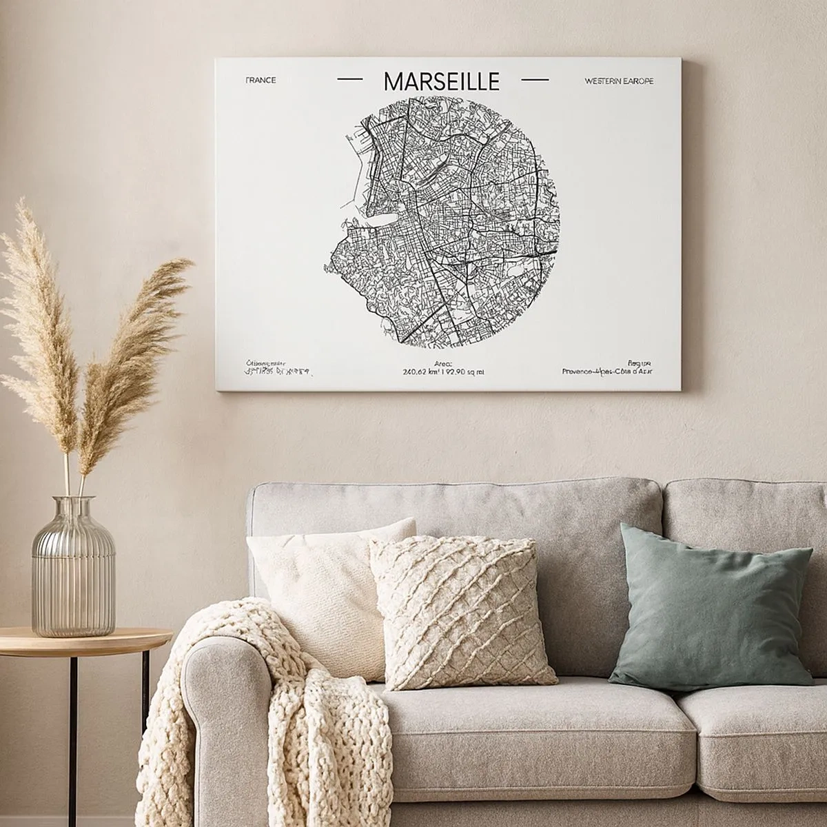 Obraz na plátně - Mapa Marseille v minimalistickém stylu - 70x50cm - Anatomie Marseille - Moderní nástěnná dekorace do obývacího pokoje a ložnice ARTTOR