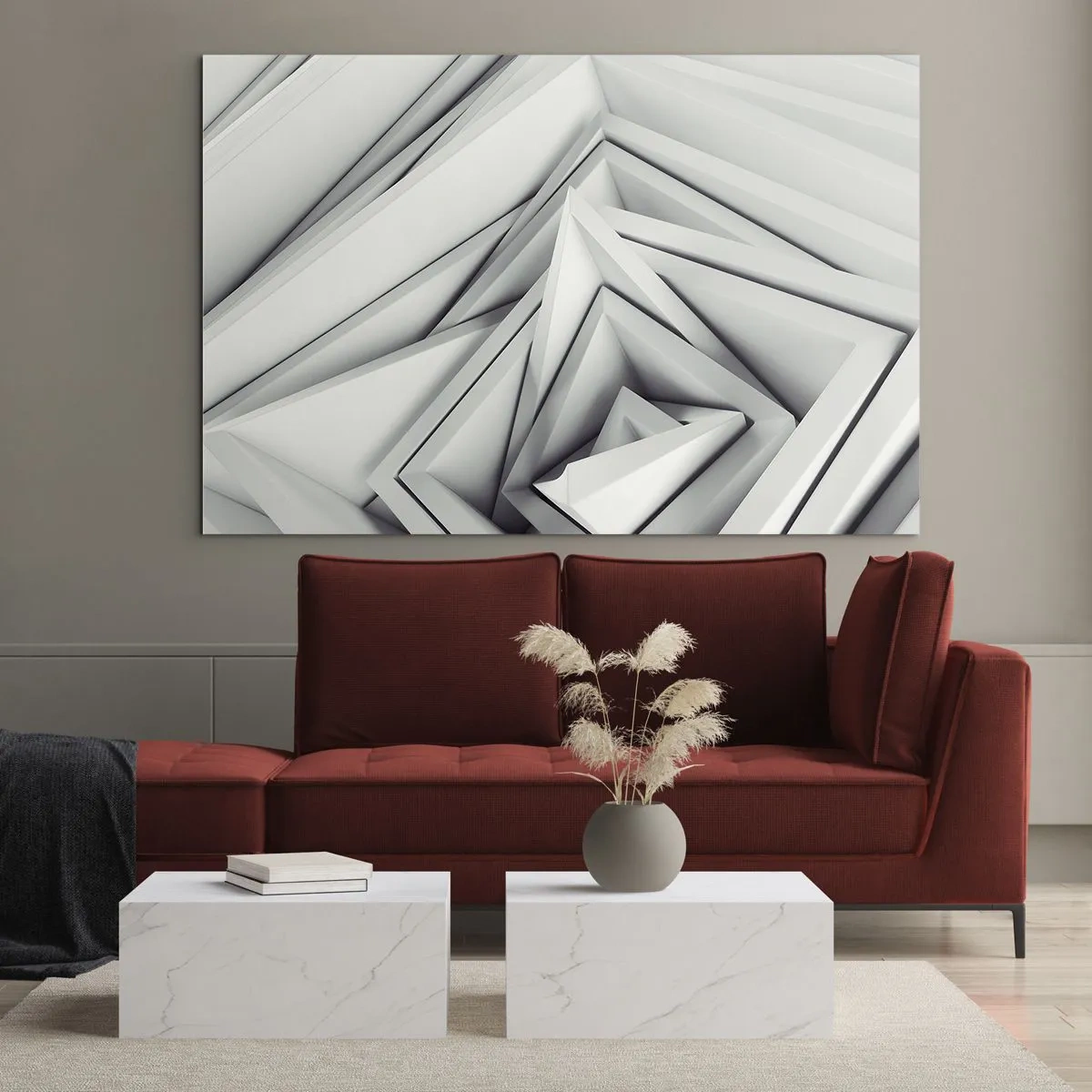 Obraz na skle - Trojrozměrné geometrické tvary v odstínech šedé - 70x50cm - Symfonie ostrých úhlů - Moderní nástěnná dekorace do obývacího pokoje a ložnice ARTTOR