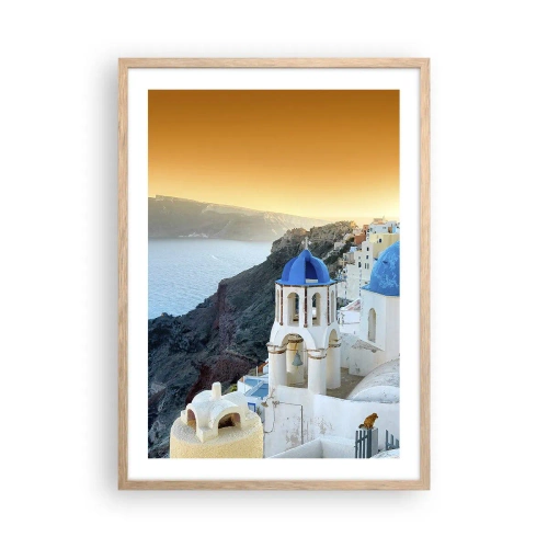 Plakát v rámu světlý dub - Santorini - přitulené ke skalám - 50x70 cm
