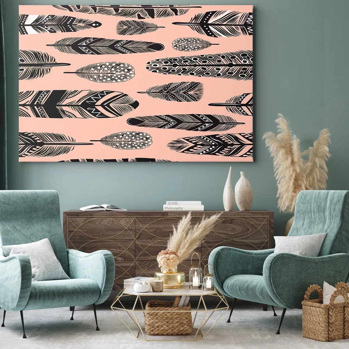Obraz na plátně - Dekorativní peří na světlém pozadí - 70x50cm - Indiánská kolekce - Moderní nástěnná dekorace do obývacího pokoje a ložnice ARTTOR