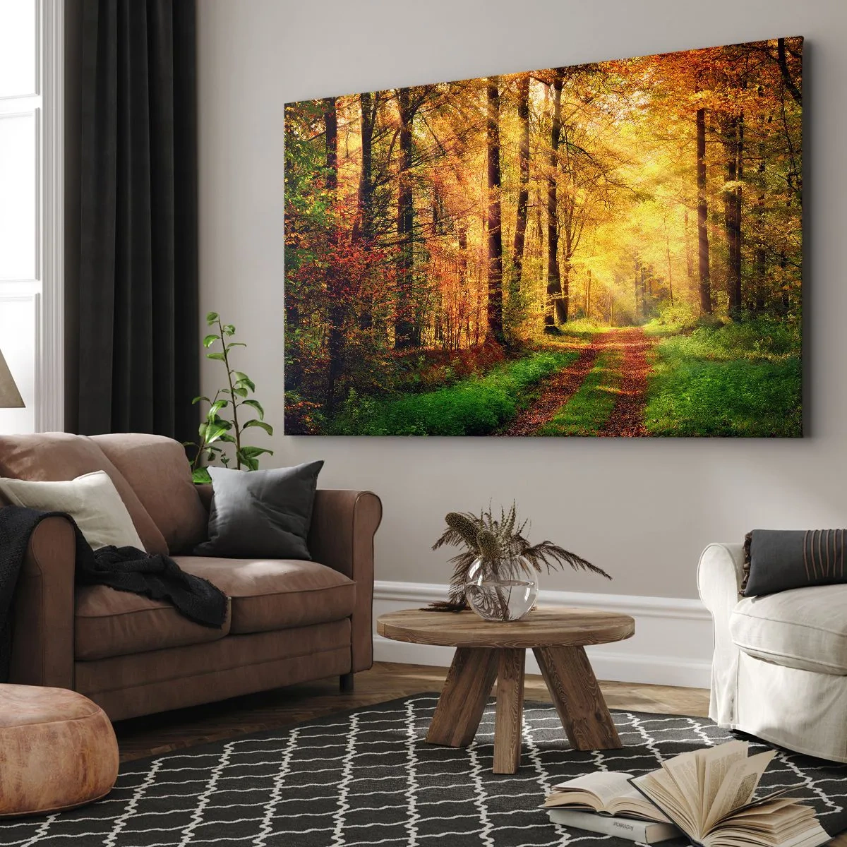 Obraz na plátně - Lesní cesta obklopená zlatými a zelenými stromy - 70x50cm - Lesně-zlaté ticho - Moderní nástěnná dekorace do obývacího pokoje a ložnice ARTTOR