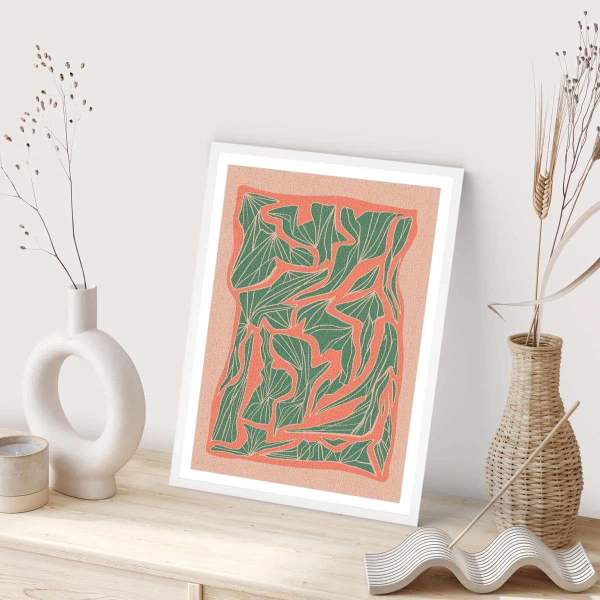 Plakát v bílém rámu - Souboj korálů a zeleně - 50x70 cm