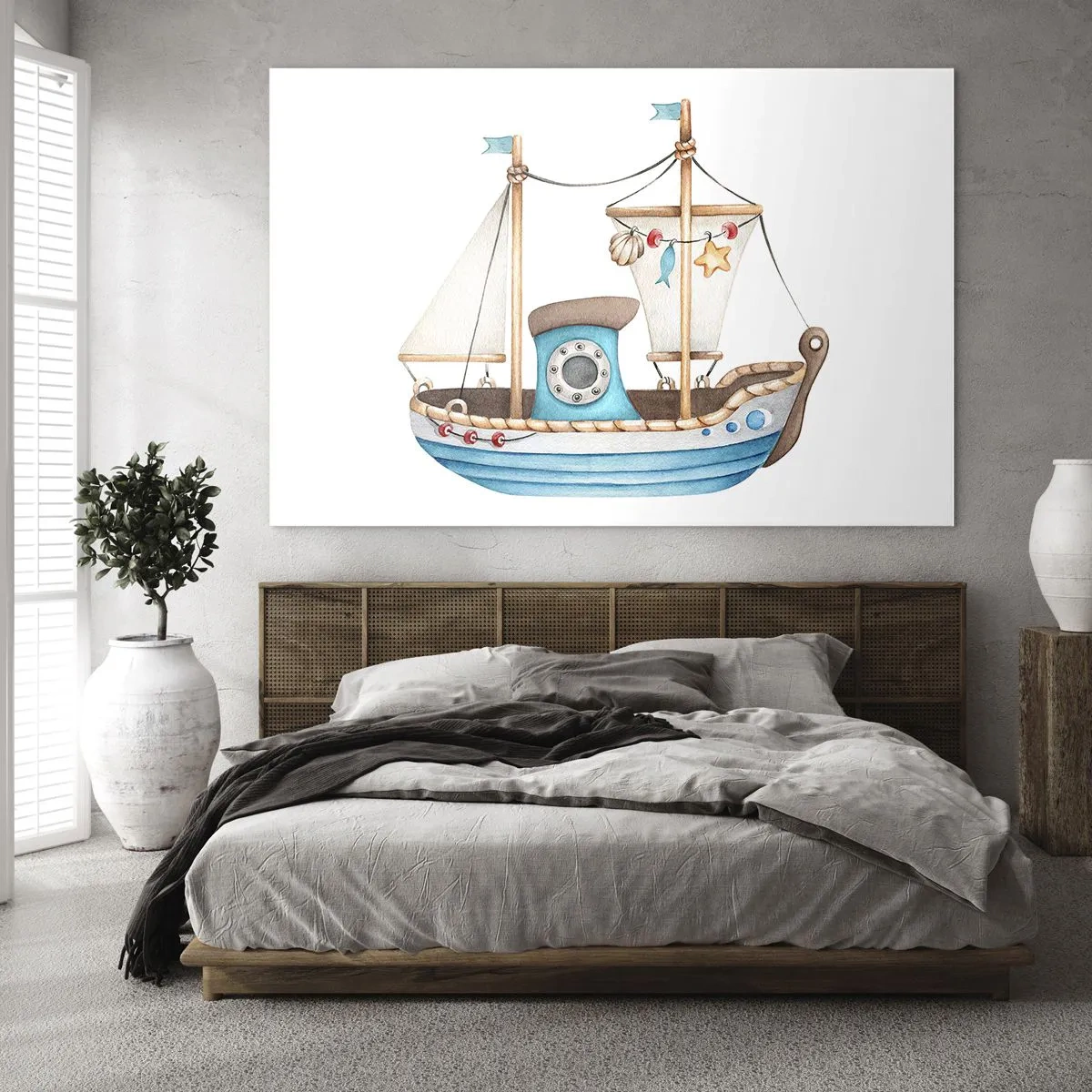 Obraz na skle - Ilustrace dětské lodi na bílém pozadí - 70x50cm - Ahoj, dobrodružství! - Moderní nástěnná dekorace do obývacího pokoje a ložnice ARTTOR
