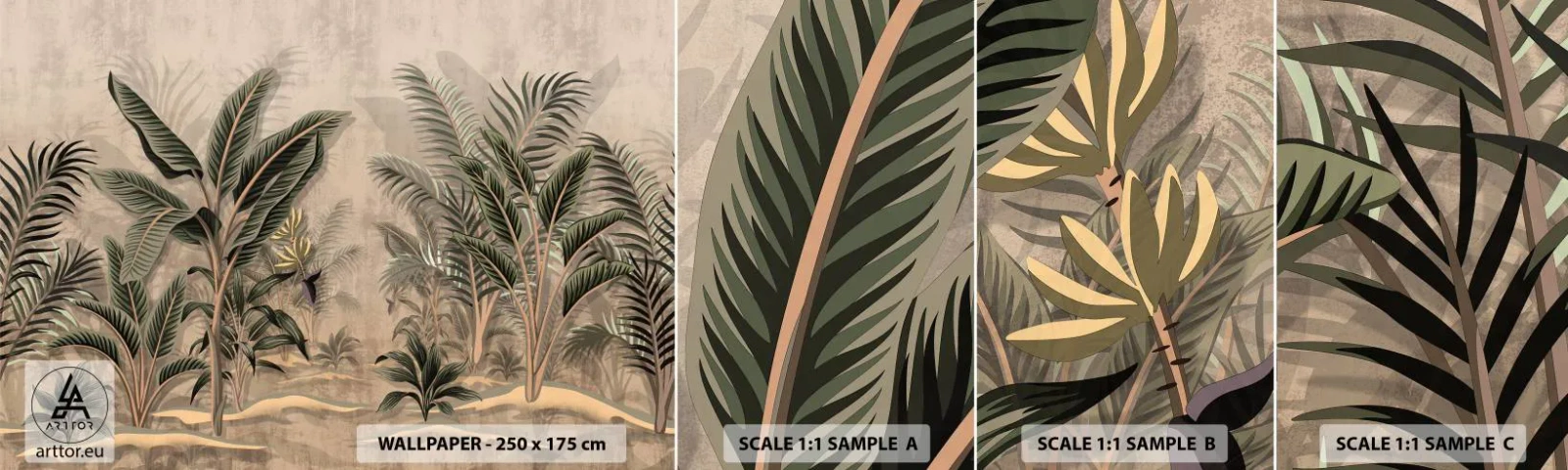 Vzor Fototapety Samolepicí Deluxe Sticker - Rytina v koloniálním stylu - Tropický les, Kokosová palma, Banánovník - 100x30 cm
