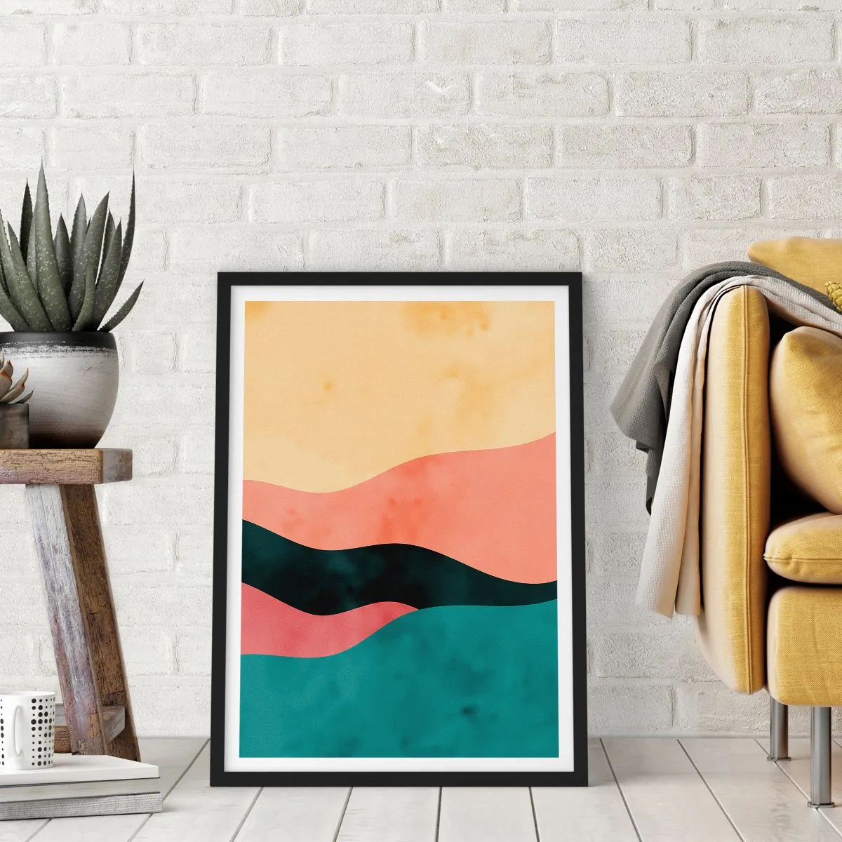 Plakát v černém rámu - Barevné abstraktní vlny v pastelových odstínech - 50x70cm - Kompatibilní nesoulad - Moderní nástěnná dekorace do obývacího pokoje a ložnice ARTTOR